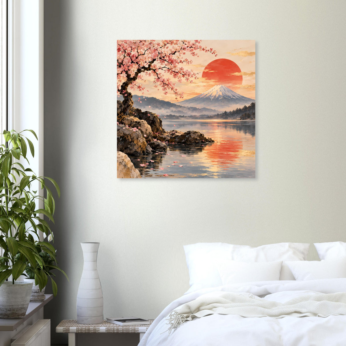 Poster mit Kirschblüten und Berg Fuji bei Sonnenaufgang am See