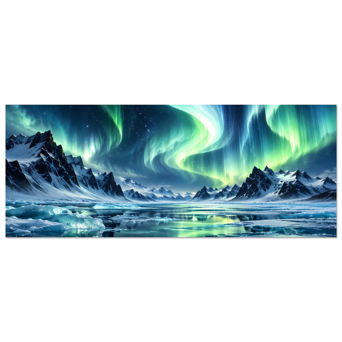 Nordlicht-Poster, horizontales Motiv: grüne Lichtstreifen über Winterfjord mit Eisbrocken