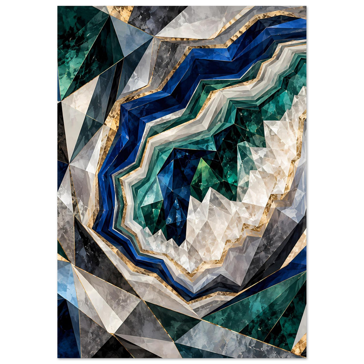 Abstraktes geometrisches Poster, vertikales Motiv in Blau, Grün, Gold, Weiß und Grau