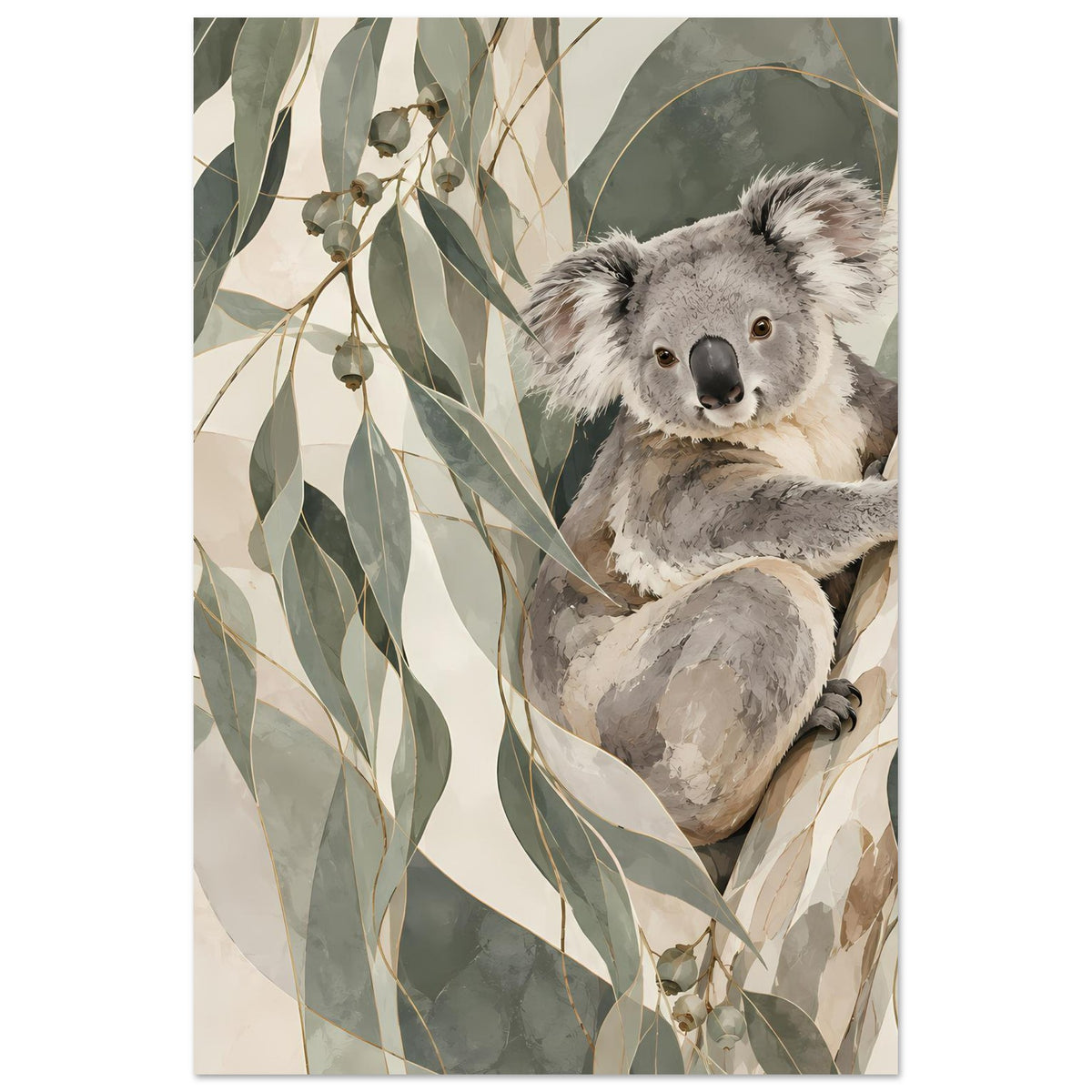 Koala-Porträtposter mit sitzendem grauem Koala und Eukalyptuszweigen in gedämpften Farben