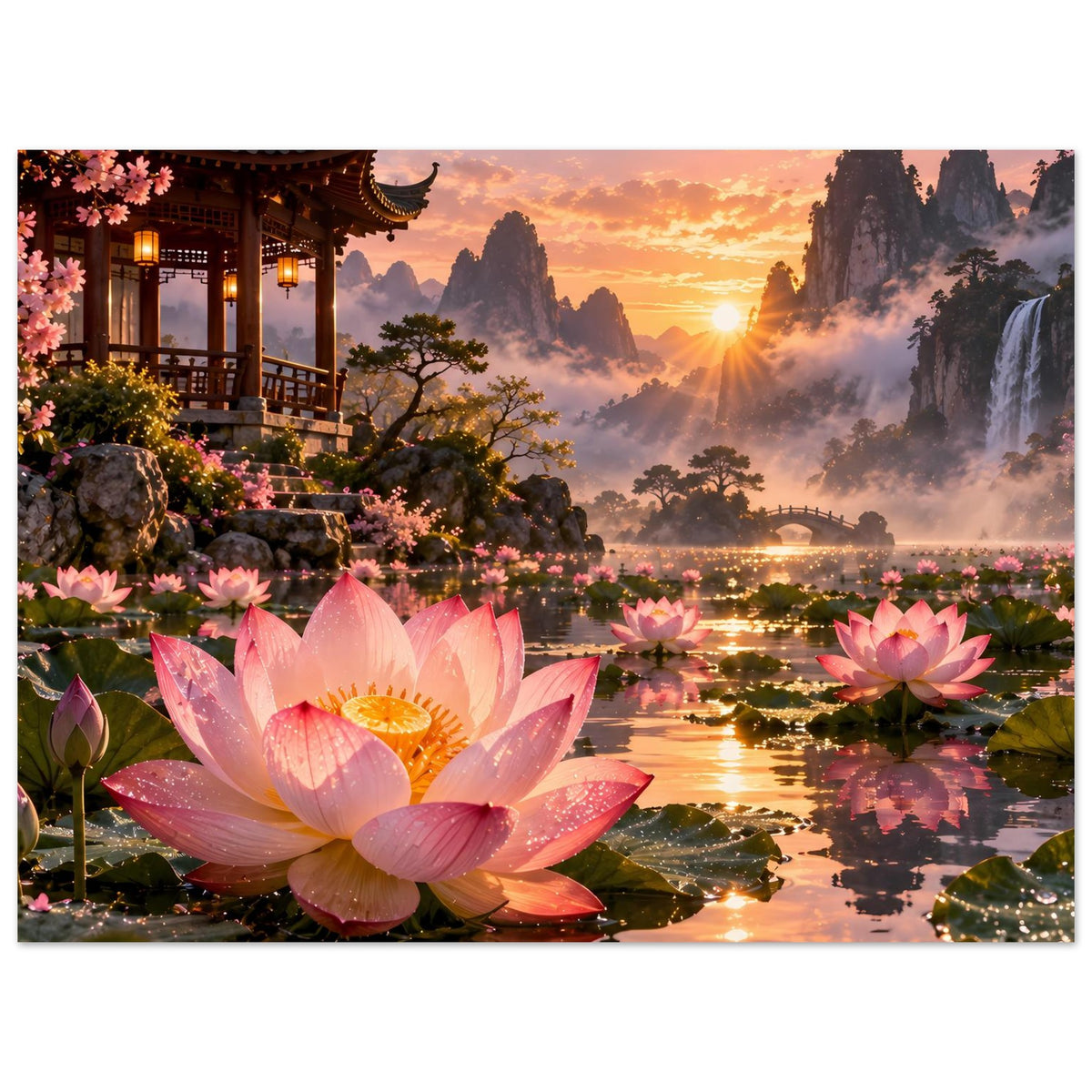 Querformat-Poster mit großen rosa Lotusblüten, Pagode links und Sonnenuntergang über dem Tal