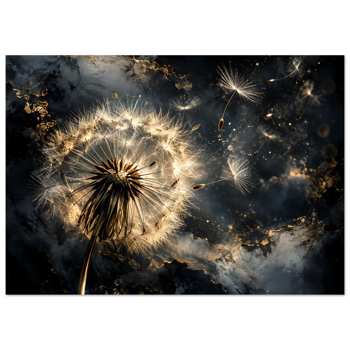 Breites Mattes Poster mit Pusteblume, goldenen Strahlen und Funken