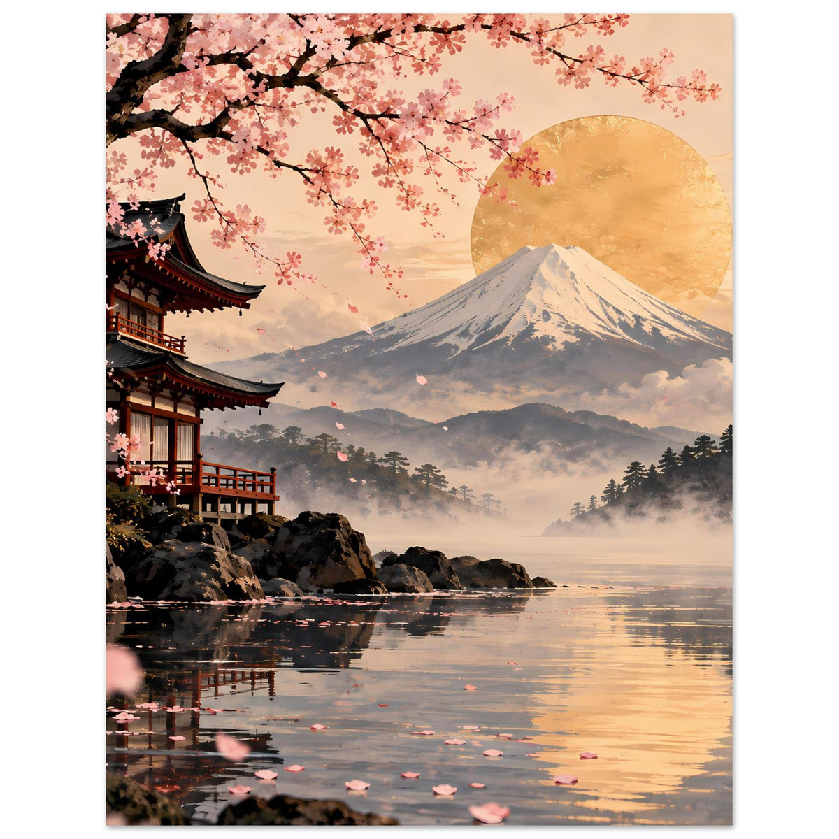 Poster mit Kirschblüten am Ast, Fuji im Nebel und goldenem Mond über Wasser
