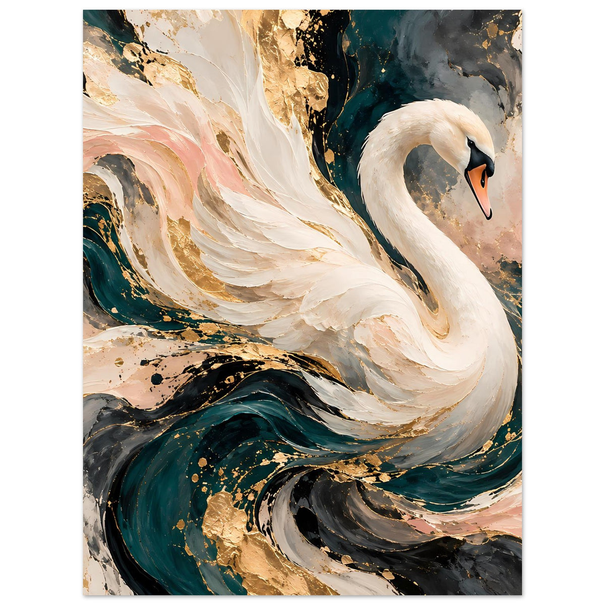 Kunstposter: weißer Schwan in abstrakter Farbfläche aus Gold, Petrol und Creme