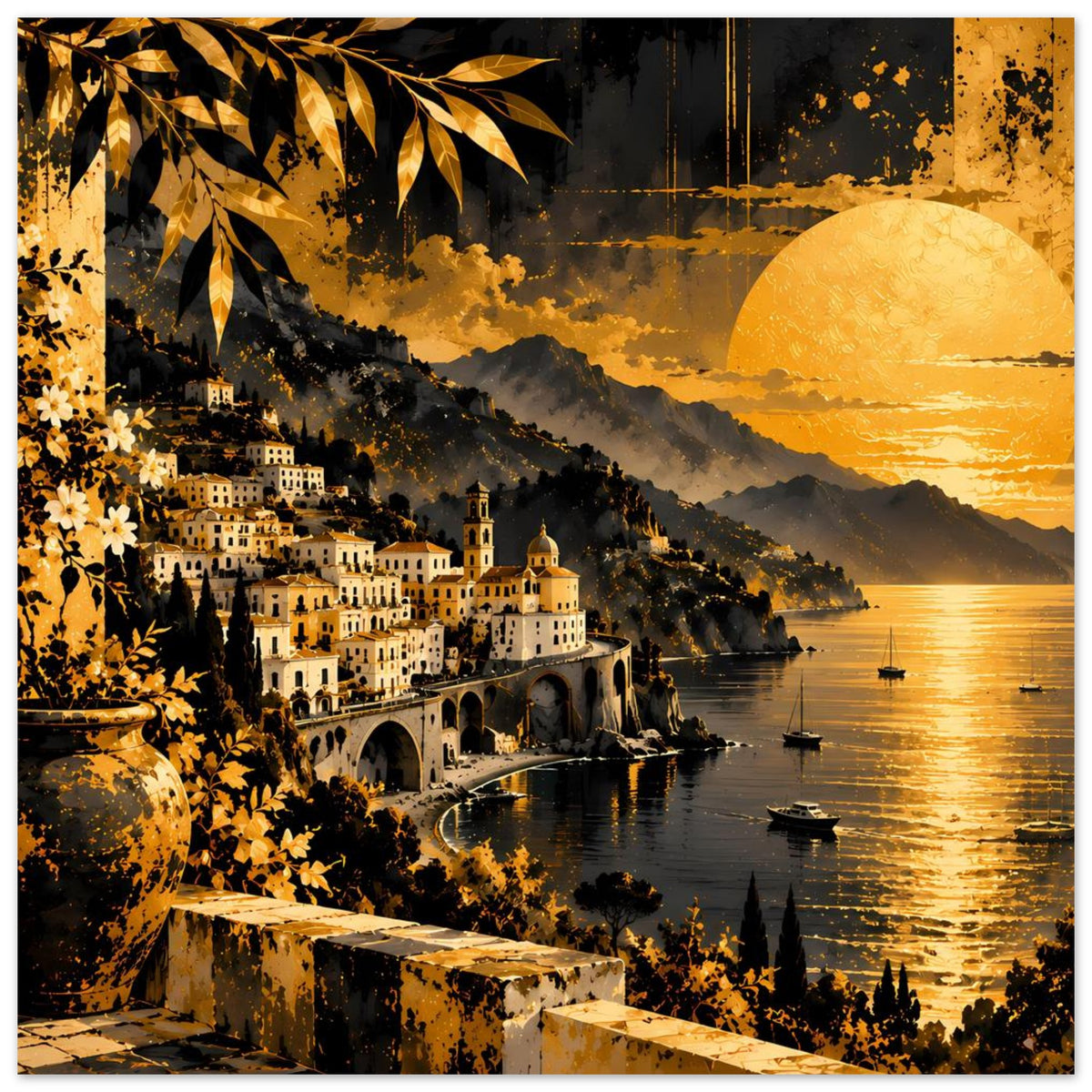 Poster mit Stadtblick am Wasser: goldener Abendhimmel, mondbeleuchtete Küste und Boote