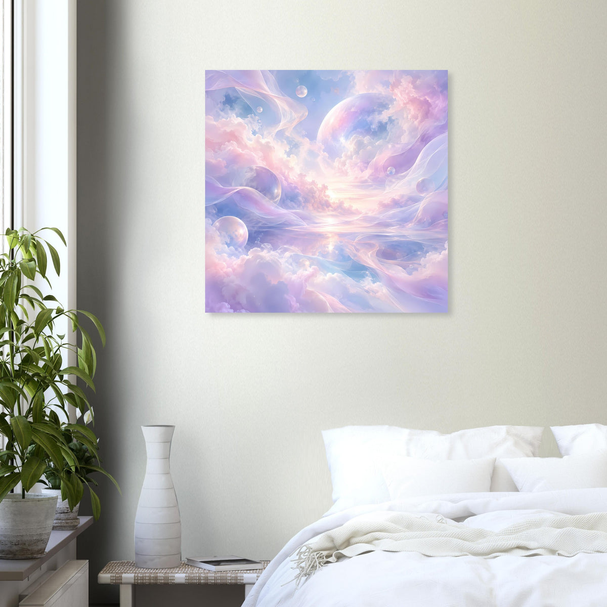 Quadratisches Poster mit violetten und rosafarbenen Wolken und hellem Sonnenband.