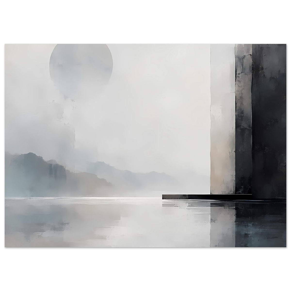 Monochromes Landschafts-Poster mit hellem Kreis, Bergen, grauen Wasserreflexen und dunklem Block