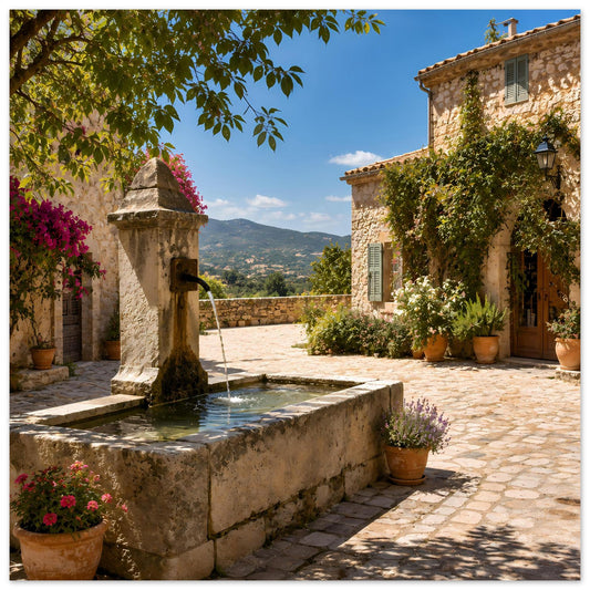 Poster mit Steinfountain im mediterranen Innenhof, Wasserbecken und Blumen