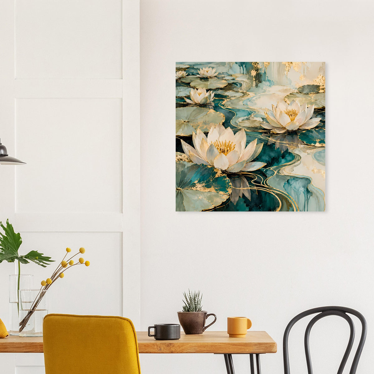 Quadratisches Wandposter mit Lotusblüten, Blau- und Goldtönen, floraler Abstraktion