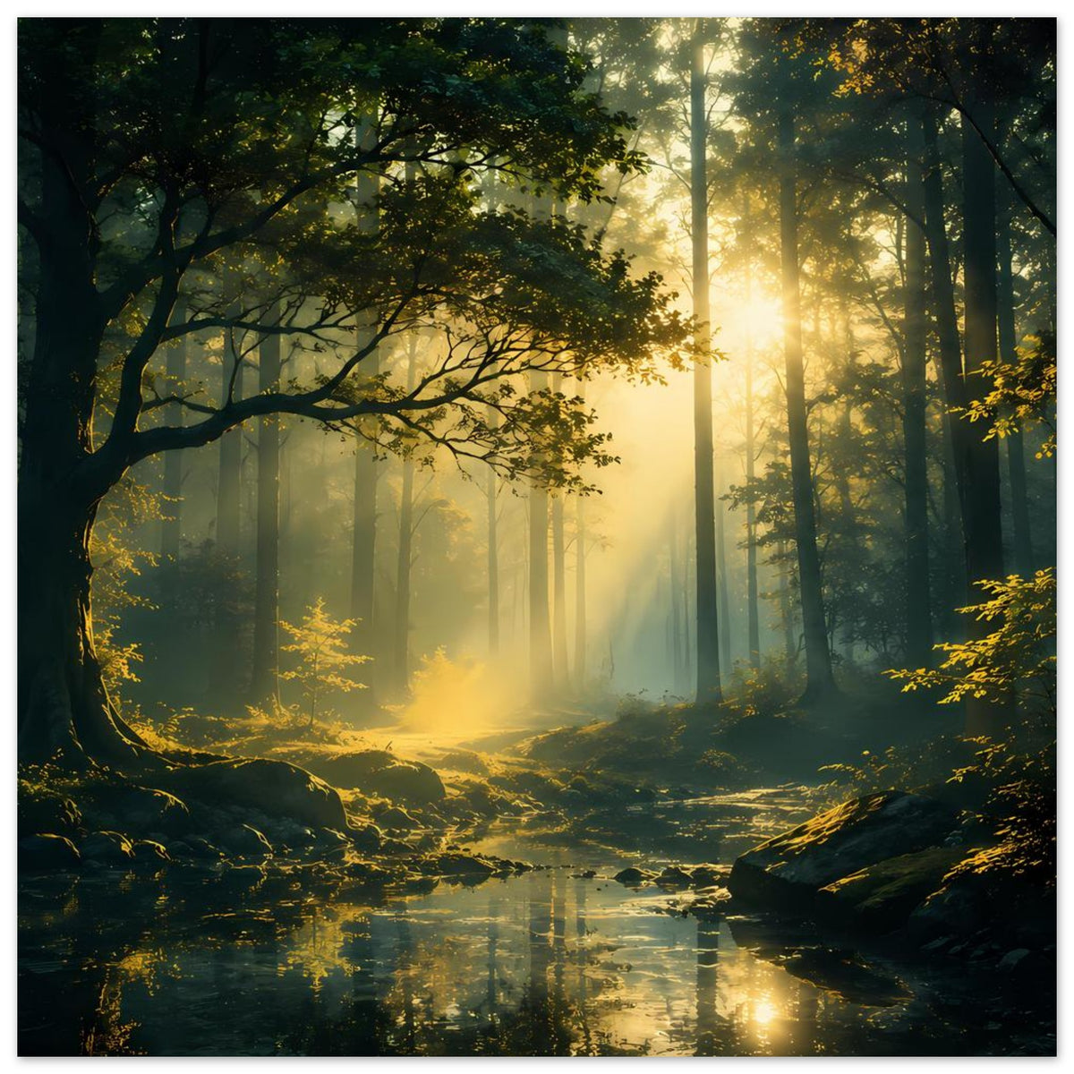 Wandposter mit Wald bei Sonnenaufgang, Lichtstrahlen, Bach und Spiegelung im Wasser
