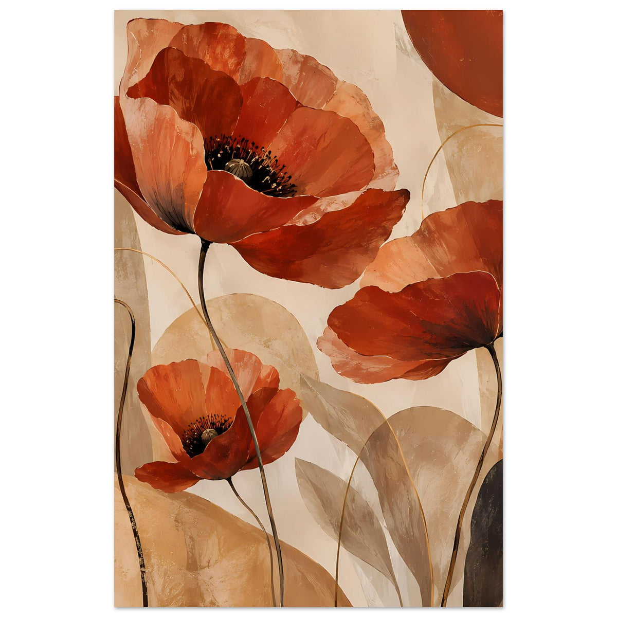 Botanisches Poster mit roten Mohnblumen, großen Blüten und dunklen Samenkernen, schlanke Stiele