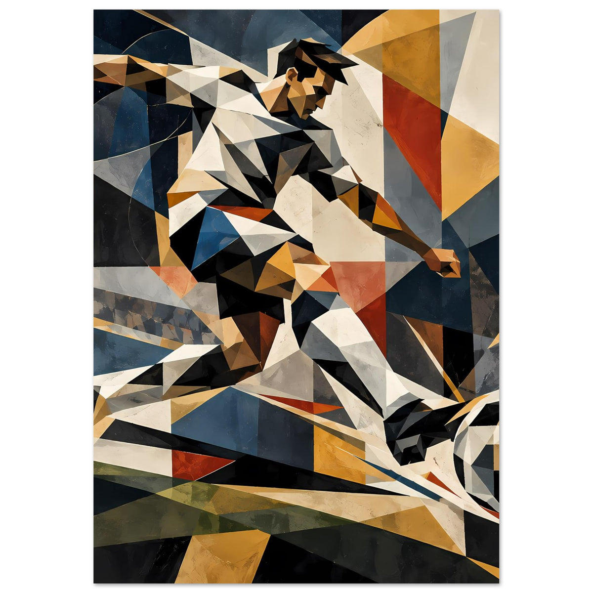 Abstraktes Poster mit geometrischer Darstellung eines Fußballspielers, dynamische Formen und Ball