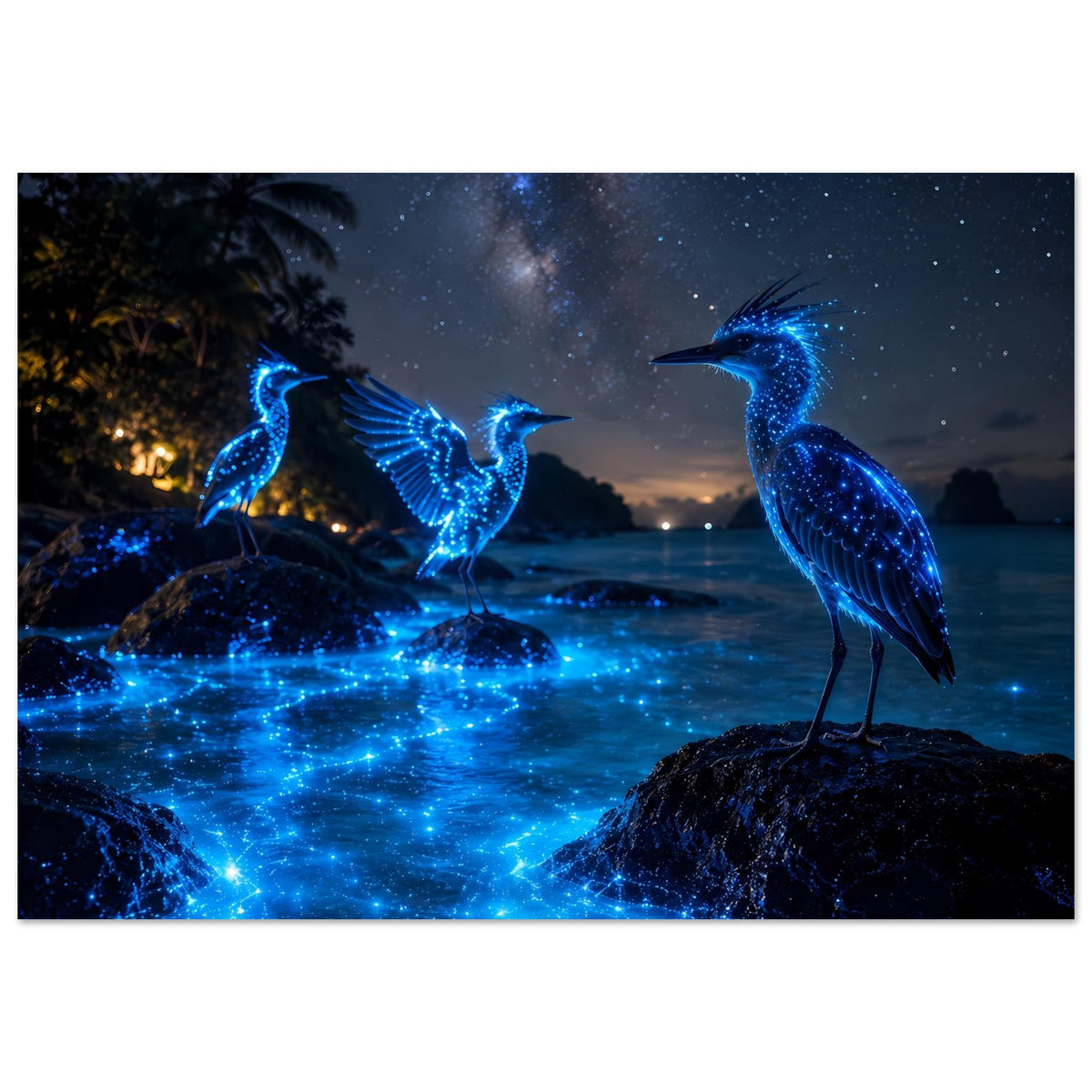 Poster mit drei blau leuchtenden Nachtvögeln auf Felsen, funkelndes Galaxie-Muster im Wasser