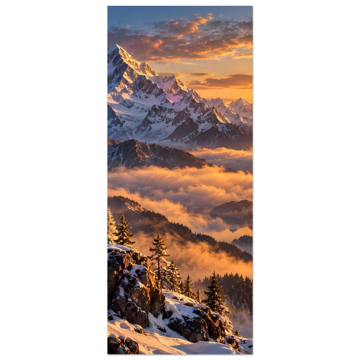 Vertikales Poster mit schneebedeckten Bergen und Sonnenaufgang über Wolken