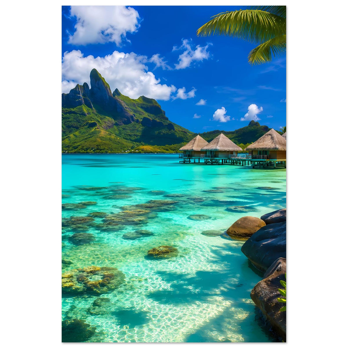 Strandposter tropisches Paradies: türkisfarbenes Meer, Steg und Küstenfels