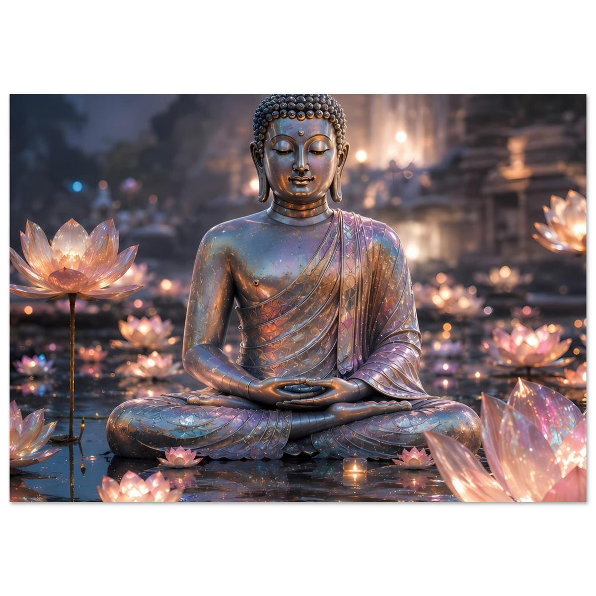 Meditationsposter: sitzender Buddha mit leuchtenden Lotusblüten, blau-gold schimmernd