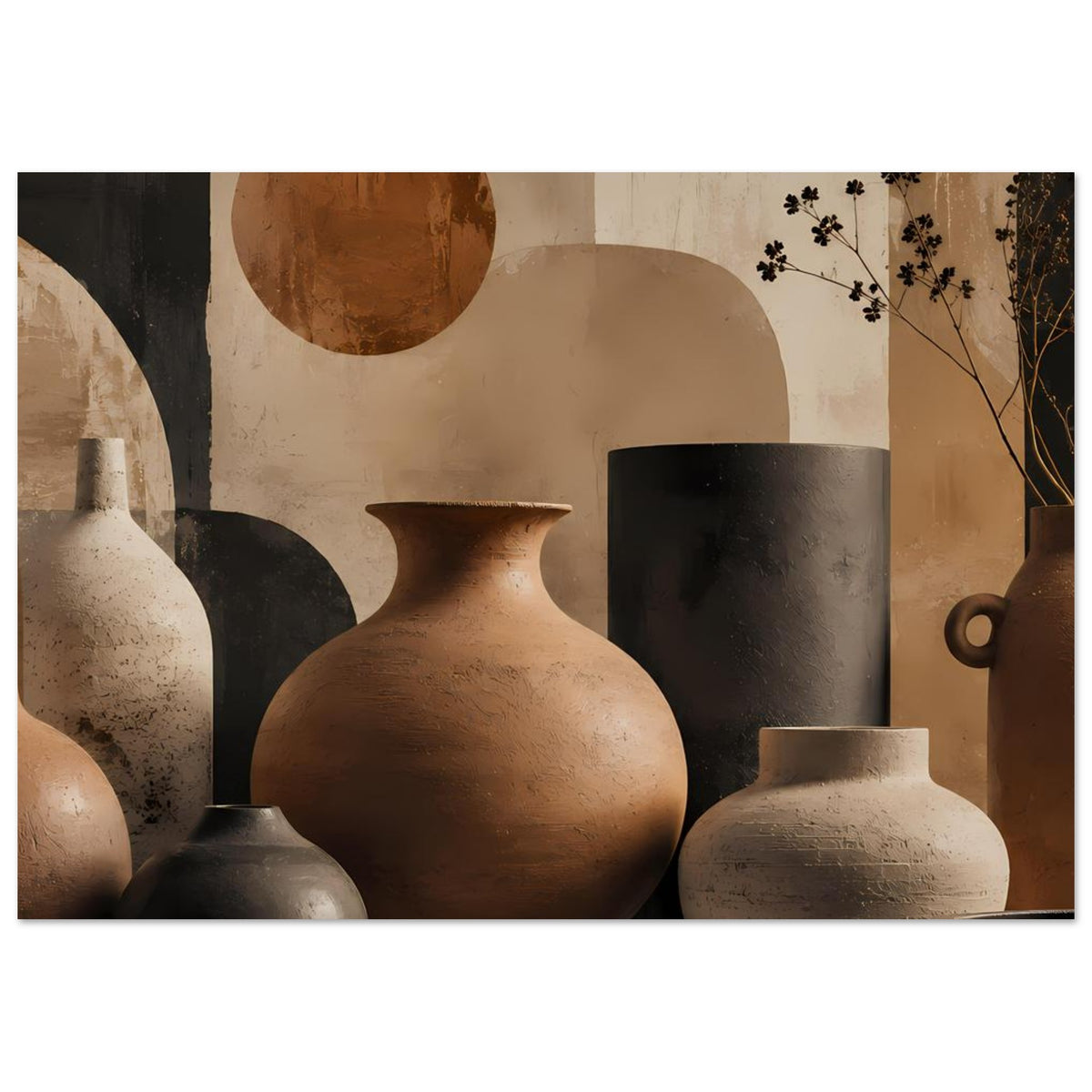 Breiter Posterdruck mit Keramikvasen in Terrakotta und Beige, ergänzt durch dunkle Gefäße.