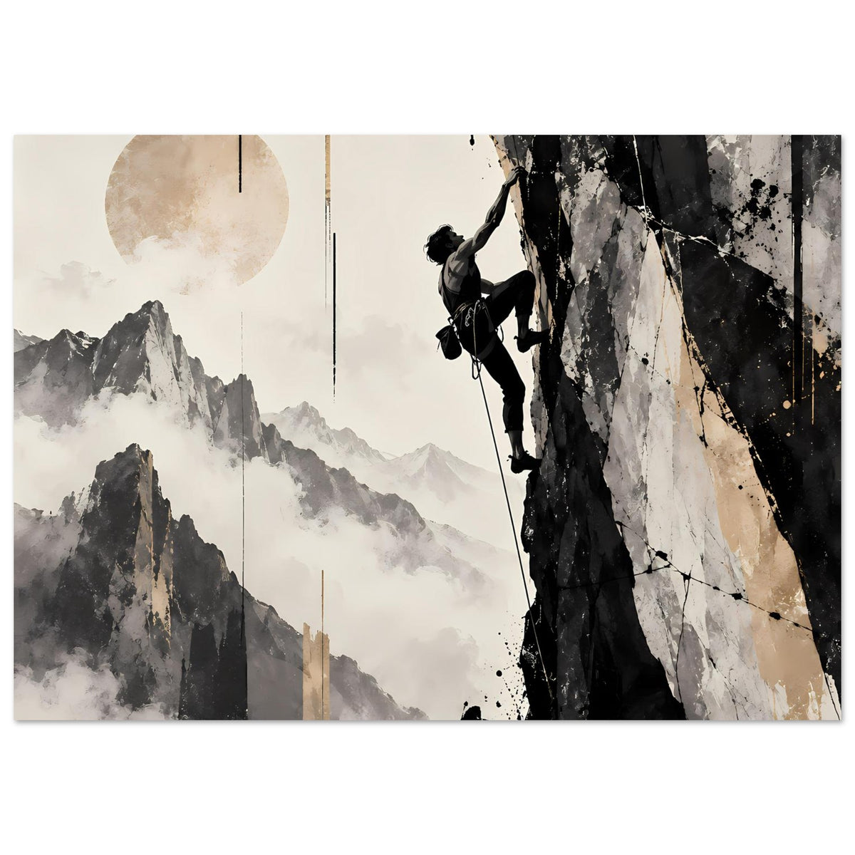 Horizontales Poster: Bergsteiger-Silhouette am Fels, dramatische Berglandschaft, Kreismotiv