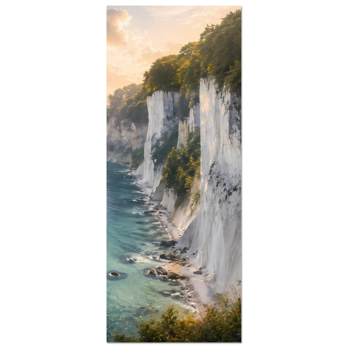 Posterdruck (hochformat): Weiße Klippen, türkisblaues Wasser und grüner Küstenbewuchs