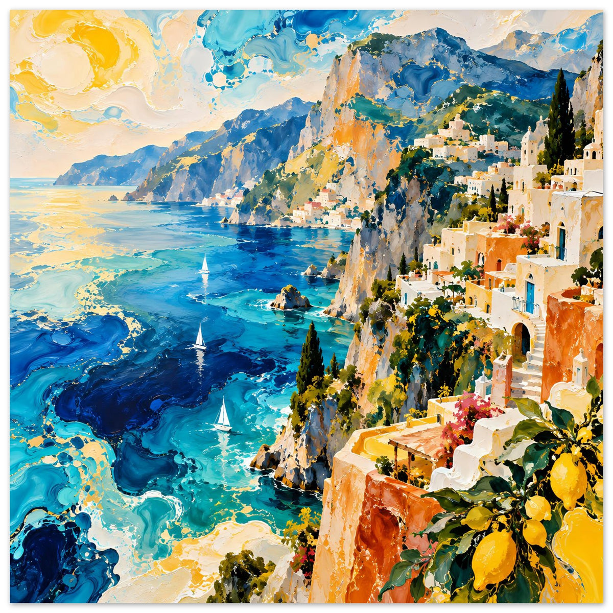 Küstenposter im Hochformat: türkisblaues Meer, Felsklippe, weiße Häuser und grüne Bepflanzung