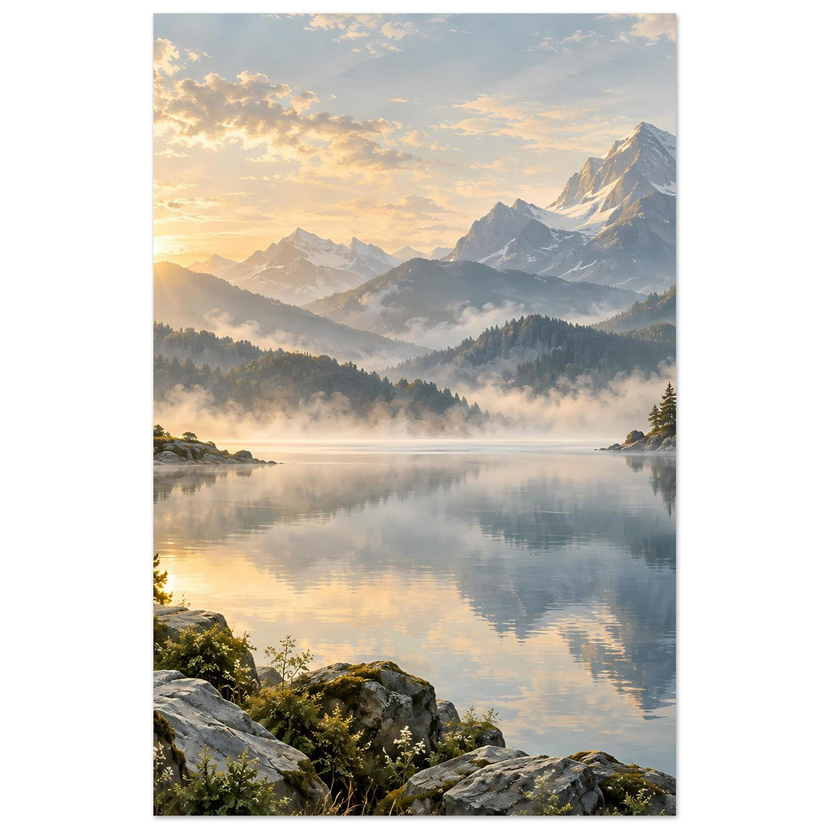 Landschaftsposter: Blick auf Bergsee, Nebel und Sonnenaufgang mit Bergspitzen