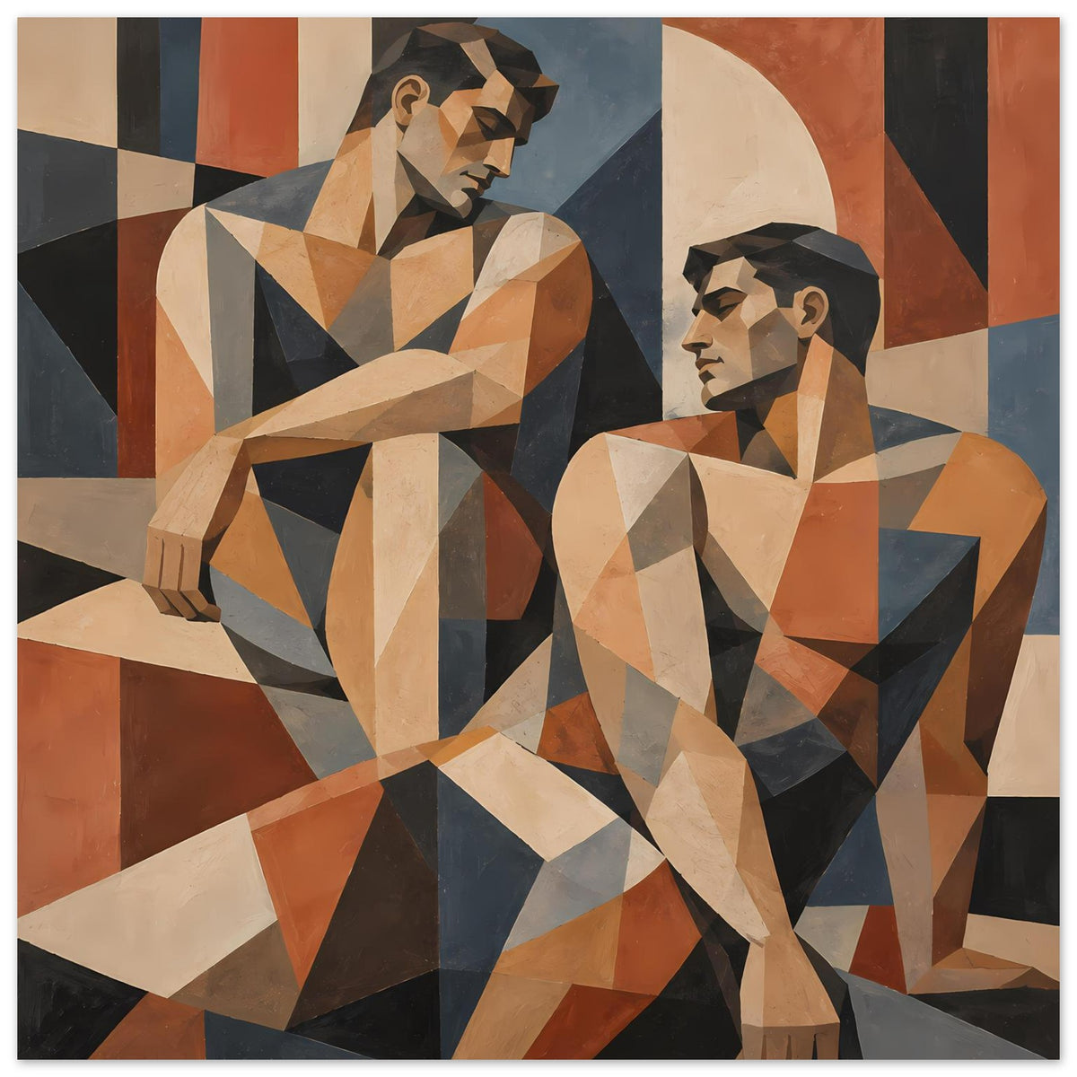 Geometrisches Kunstposter mit zwei stilisierten Figuren, warme Erdtöne, zentrierte Gesamtansicht