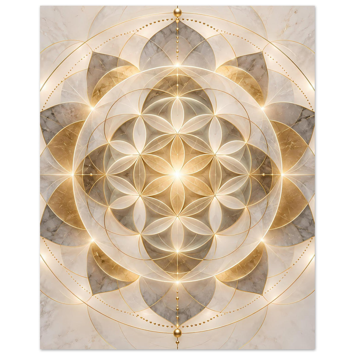 Goldenes Mandala-Poster mit leuchtendem Mandala-Kreis, gold-grauen Elementen und Linien