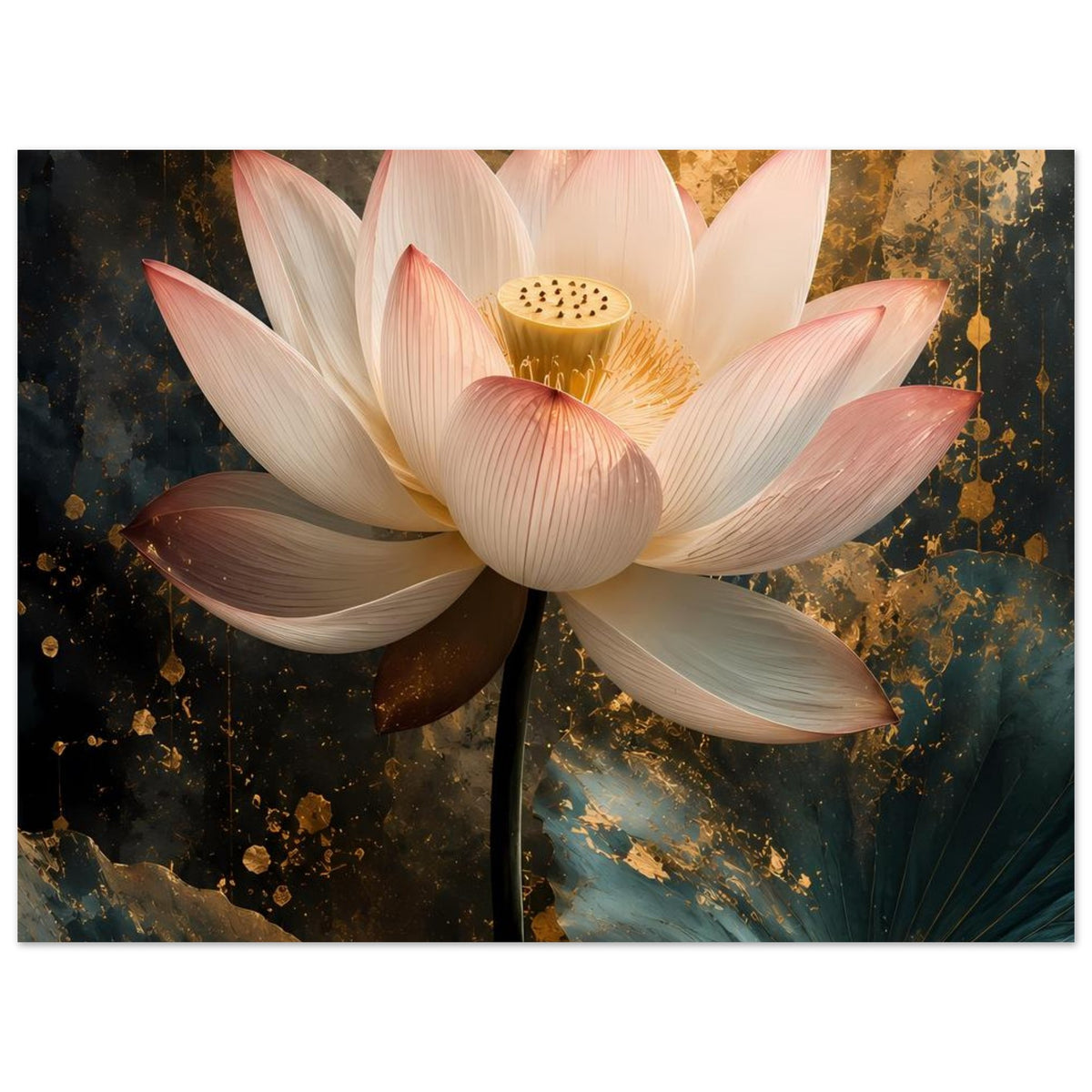 Poster mit weißer Lotusblüte und Goldakzenten auf Petrol