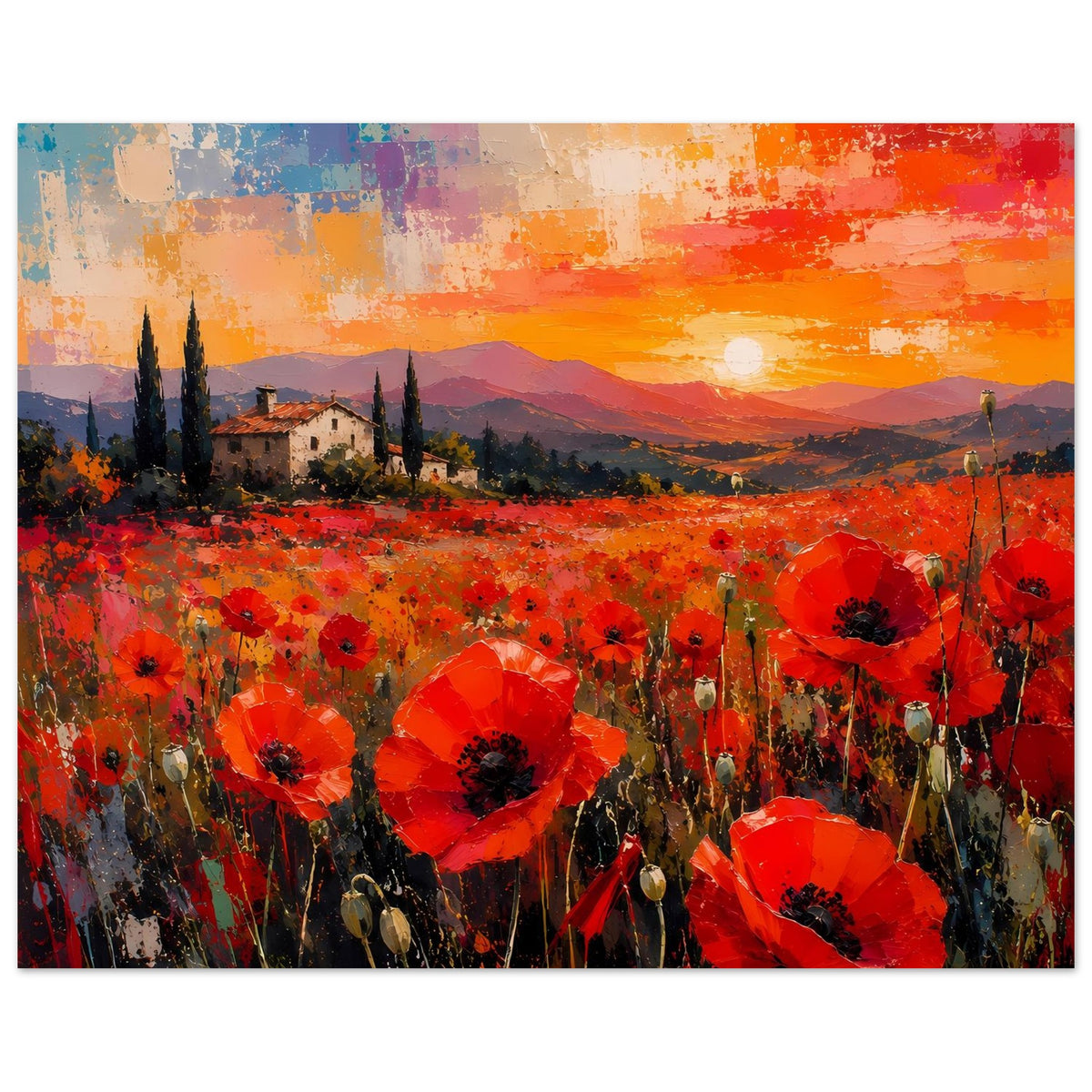 Poster mit rotem Mohnblumenfeld, Landschaft mit Häusern und Sonne im Abendhimmel