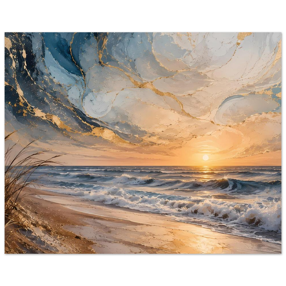 Strandposter: goldene Lichtspiegel auf Wellen, blaugraue See und Sandufer