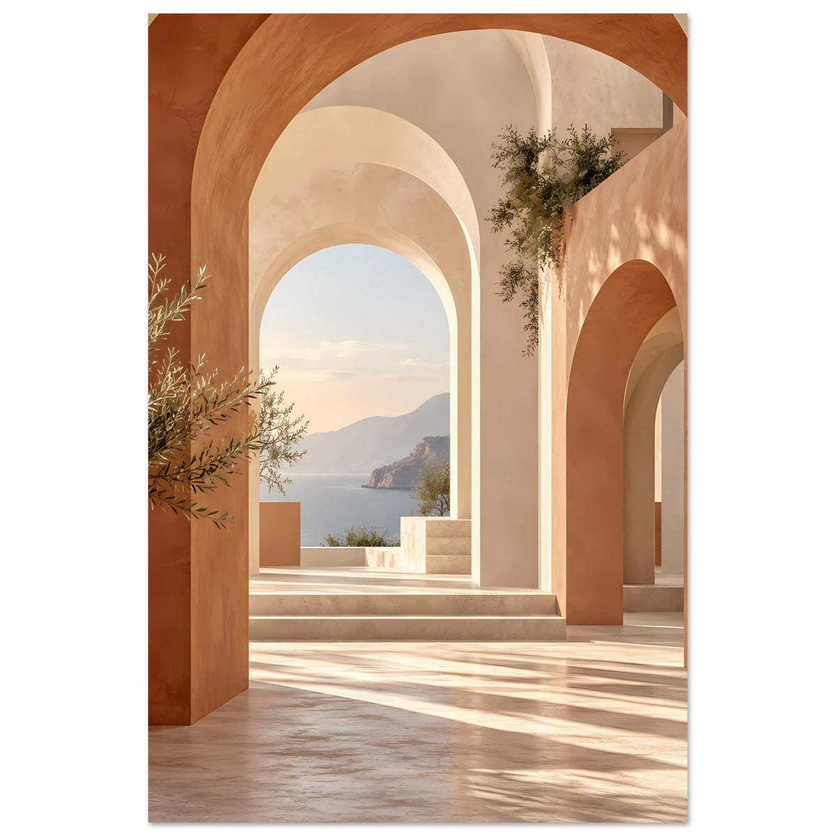 Vertikales Poster mit mediterraner Rundbogenflucht, warmen Beige- und Terrakottatönen