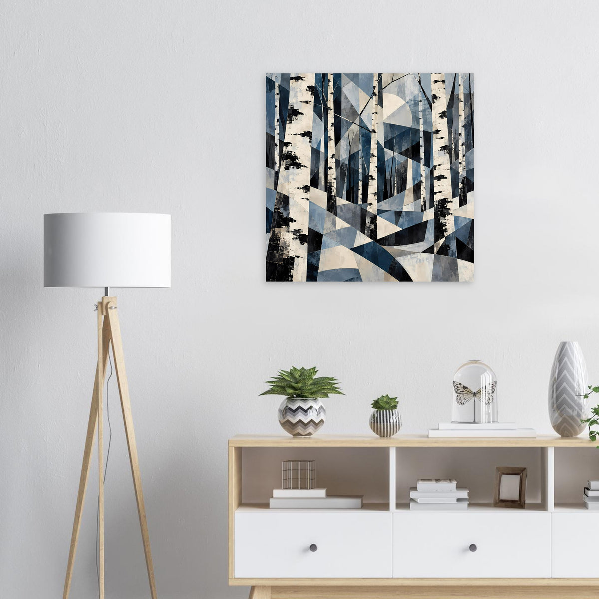 Abstraktes Naturposter mit geometrischem Birkenwald in Blau, rechteckig