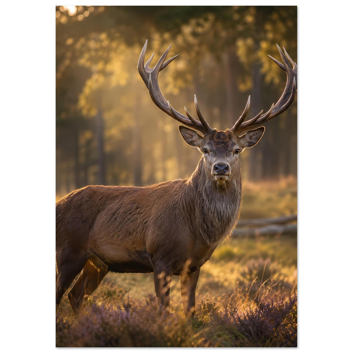 Hirsch-Wandposter, brauner Geweihhirsch im Wald mit warmem Licht