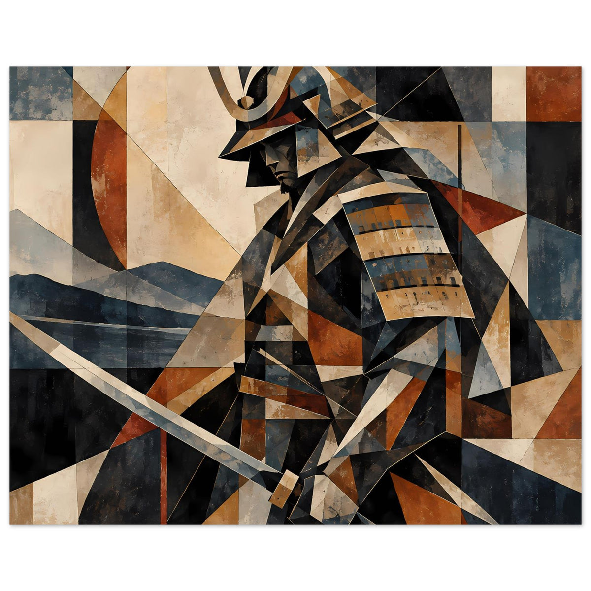 Poster mit Samurai-Krieger in geometrischer Collage, Erdtöne und Dunkelblau