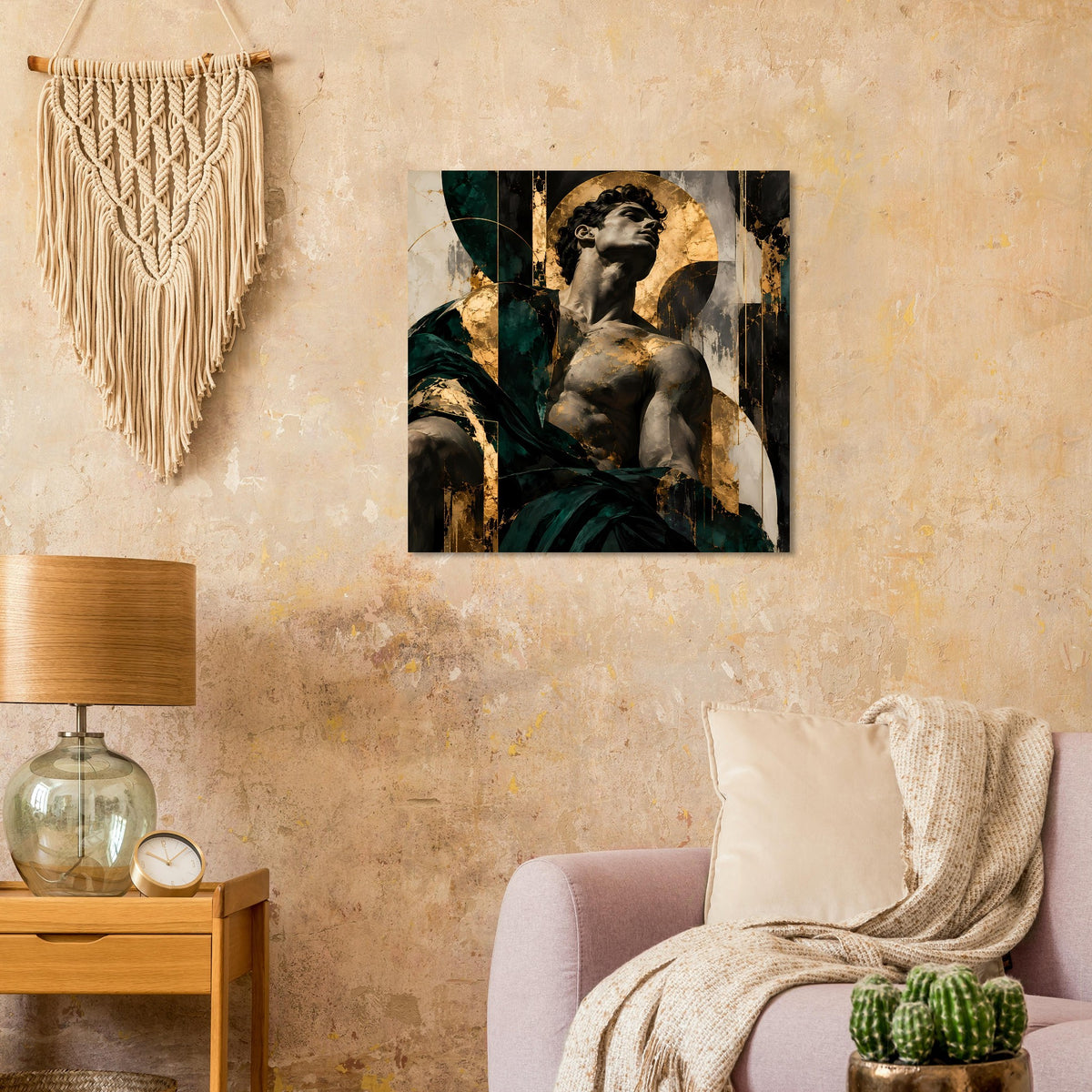 Barockes Kunstposter mit Porträtfigur, dunkelgrünem Gewand und goldfarbenen Ornamenten