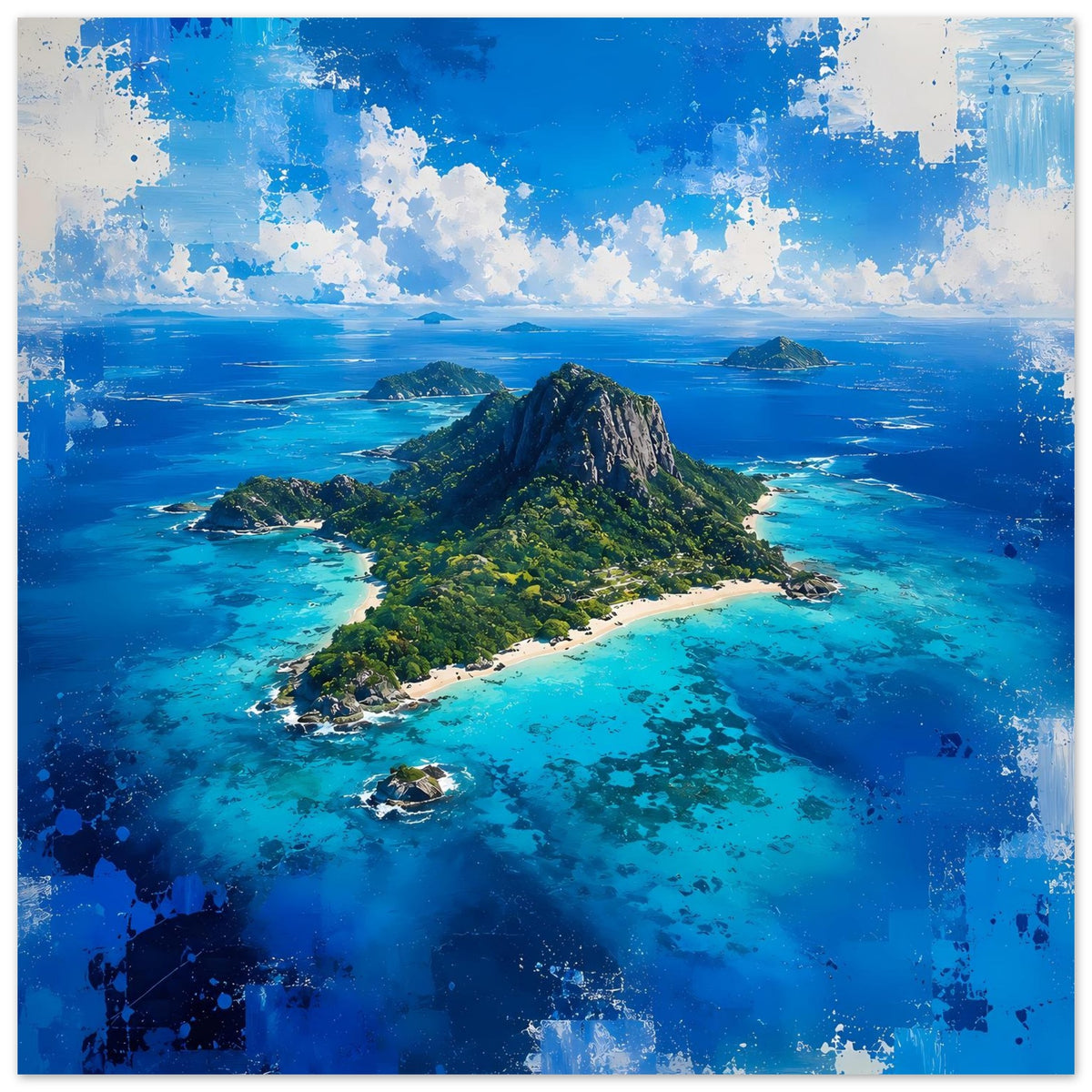 Poster hochformatig: Küstenlandschaft mit Felsberg, Strand und türkisblauem Wasser.