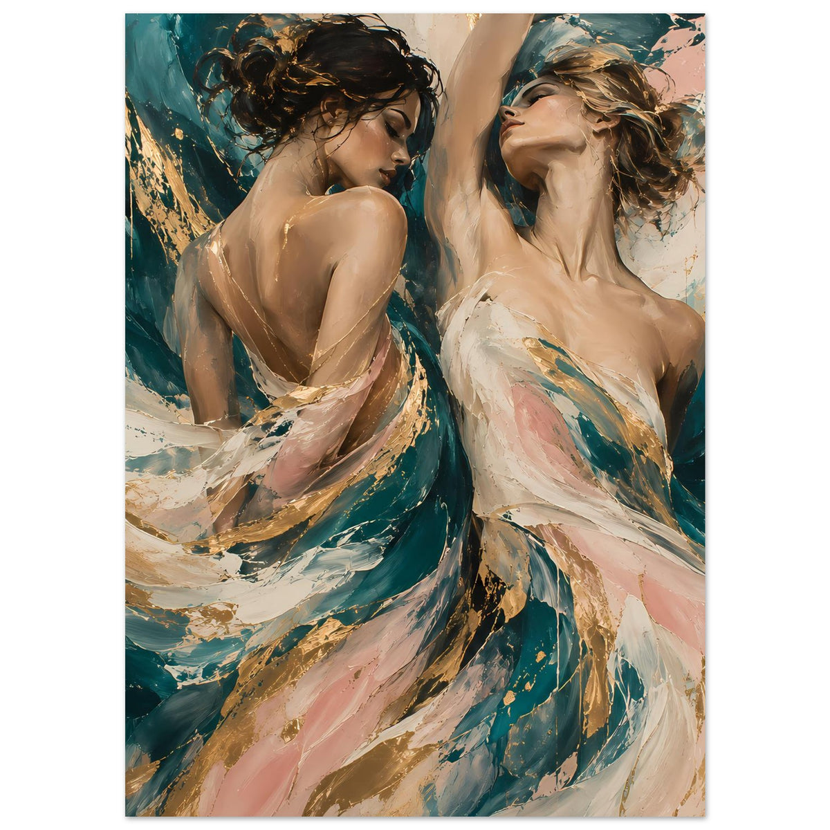 Poster mit zwei Frauenfiguren, abstrakt gemalt in Petrol, Creme, Rosa und Gold