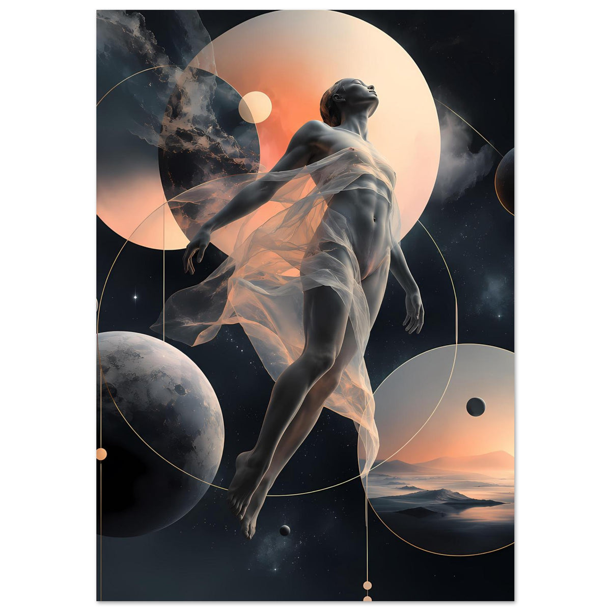 Poster mit Himmelsfigur und Planeten: große Sonne, schwebende Schleierfigur, geometrische Linien