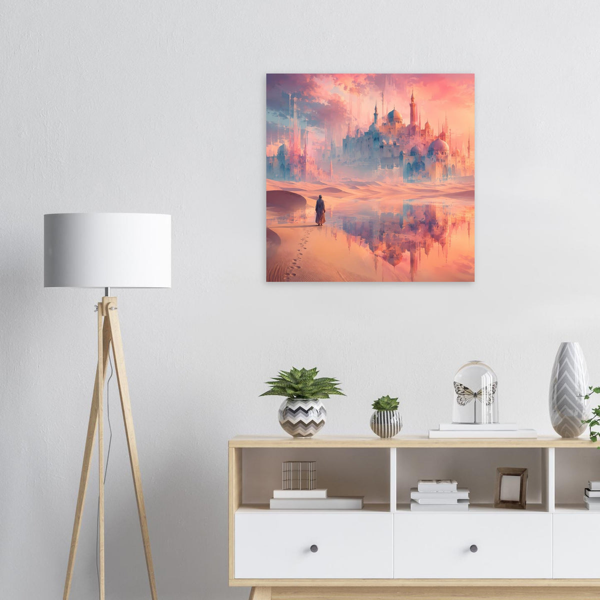 Gerahmtes Querformat-Poster: Palaststadt, Sanddünen, Person und Wasserspiegel
