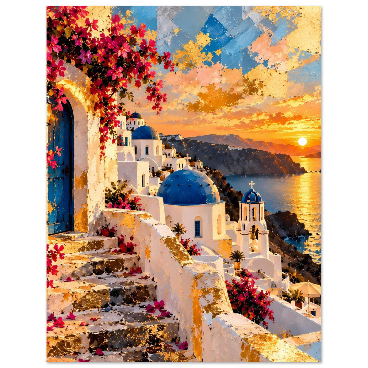 Poster mit weißem Treppenweg, blauer Kuppel, bunten Blumen und goldenem Sonnenuntergang