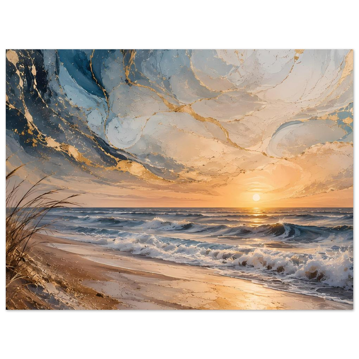 Meerstrand-Poster im Querformat: Strand mit Gräsern, goldene Wellen, Sonnenuntergang und Adern