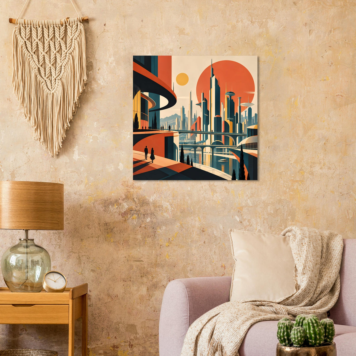 Wandposter: retro-futuristische Skyline mit orangefarbener Sonne, türkis- und gelben Akzenten