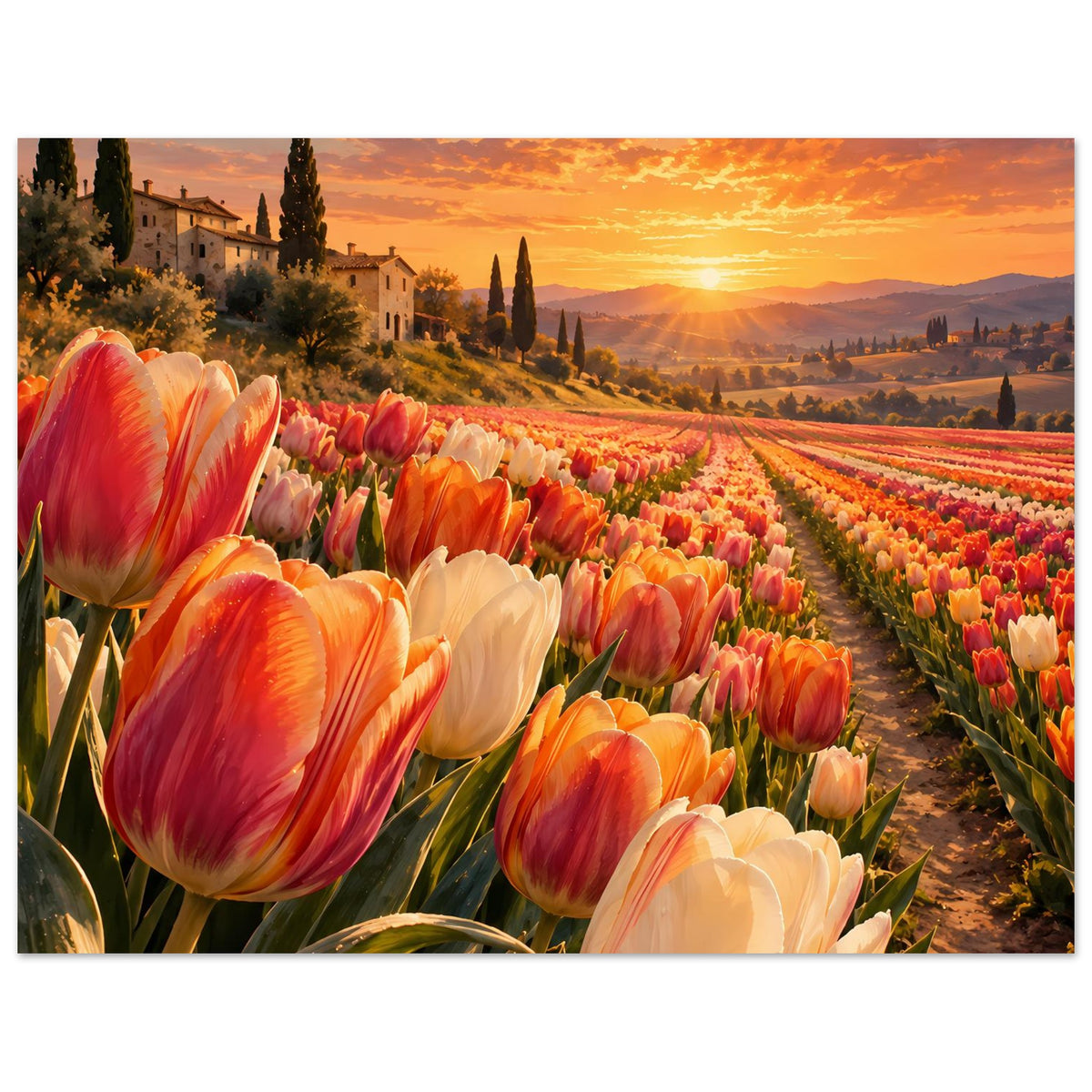Poster: Tulpenfeld mit großen orange-weißen Blüten, goldener Sonnenuntergang, Querformat