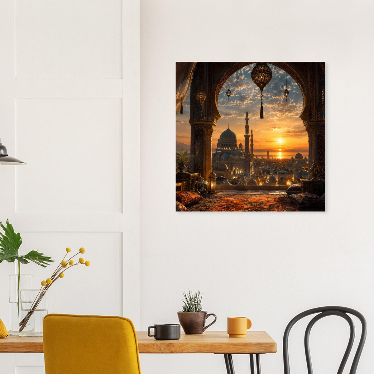 Quadratisches Poster mit Blick auf Moschee bei Sonnenuntergang unter Rundbogen