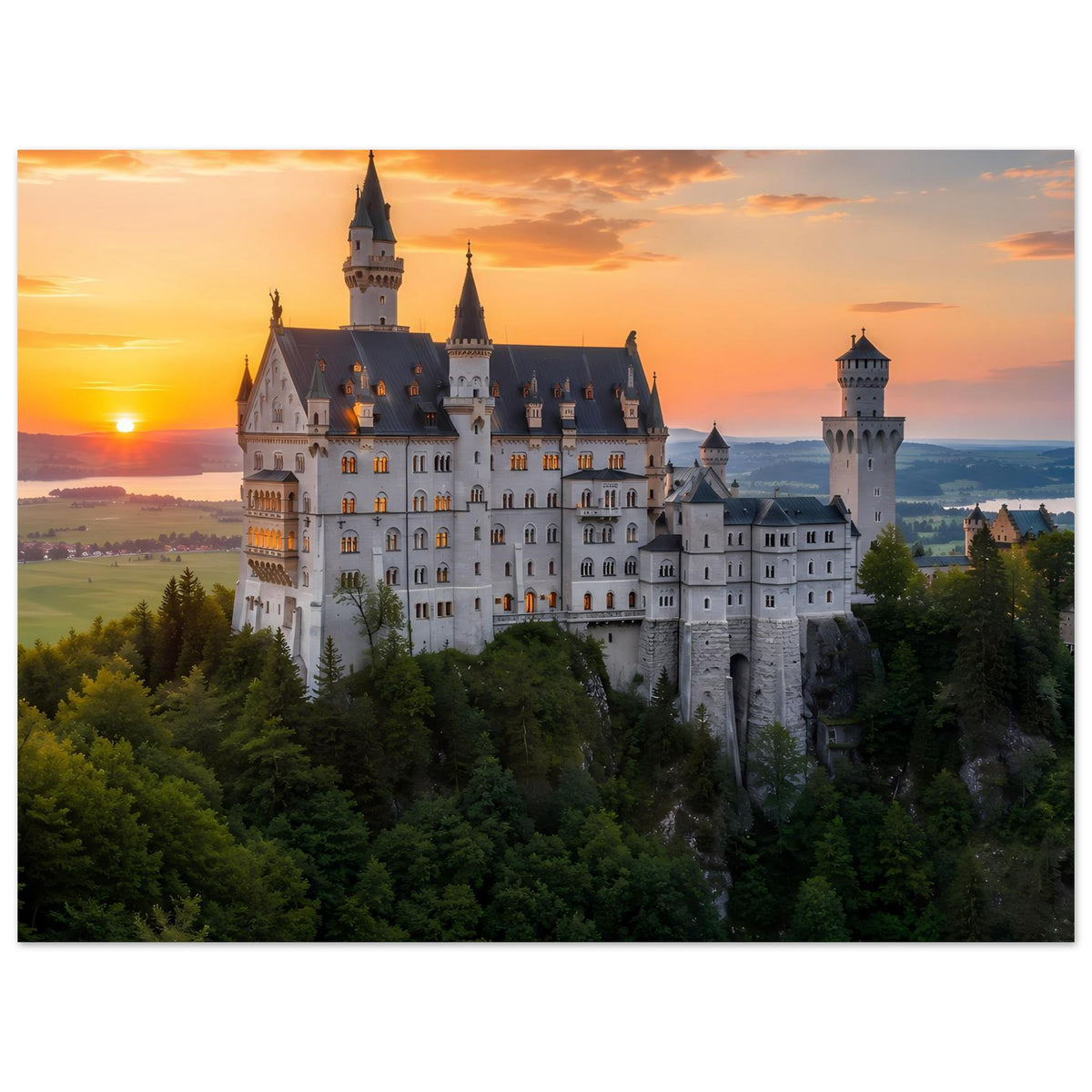 Poster mit Schlossansicht und Türmen, orange und rosafarbener Sonnenuntergang