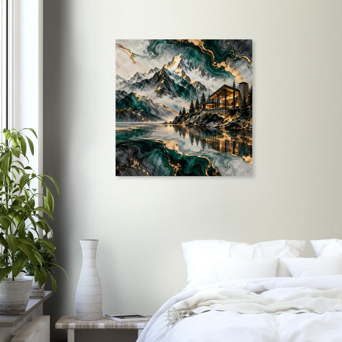 Berglandschaft-Poster mit See und Berggipfeln, Haus mit warmen Fenstern, grüne Akzente