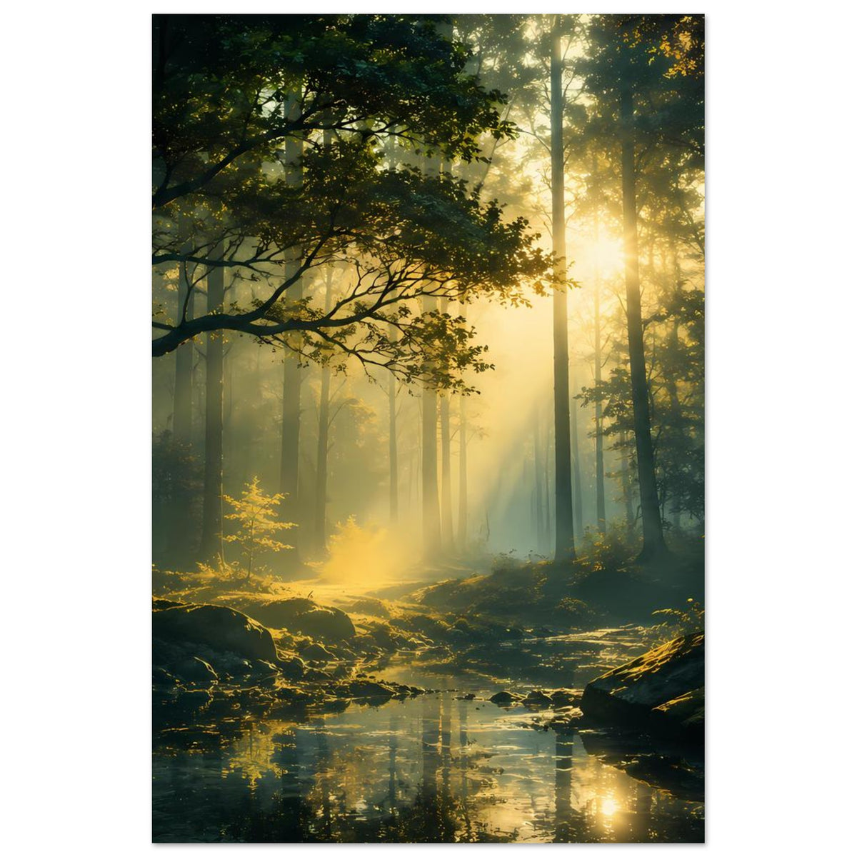 Waldlicht-Poster im Hochformat: Baumreihen im Nebel, Lichtschein über dem Waldgrund und Bach