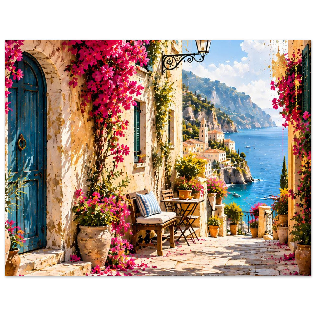Horizontales Poster: pinke Blüten, blaue Tür, Lampenmotiv und Küstenhäuser am Wasser