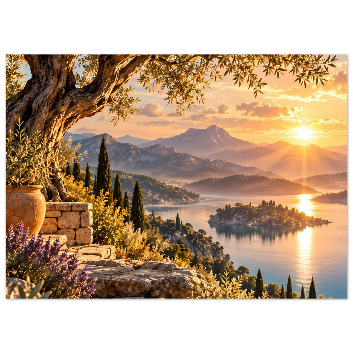 Poster im Querformat mit goldenem Sonnenuntergang, See und Hügeln, Olivenzweige oben links