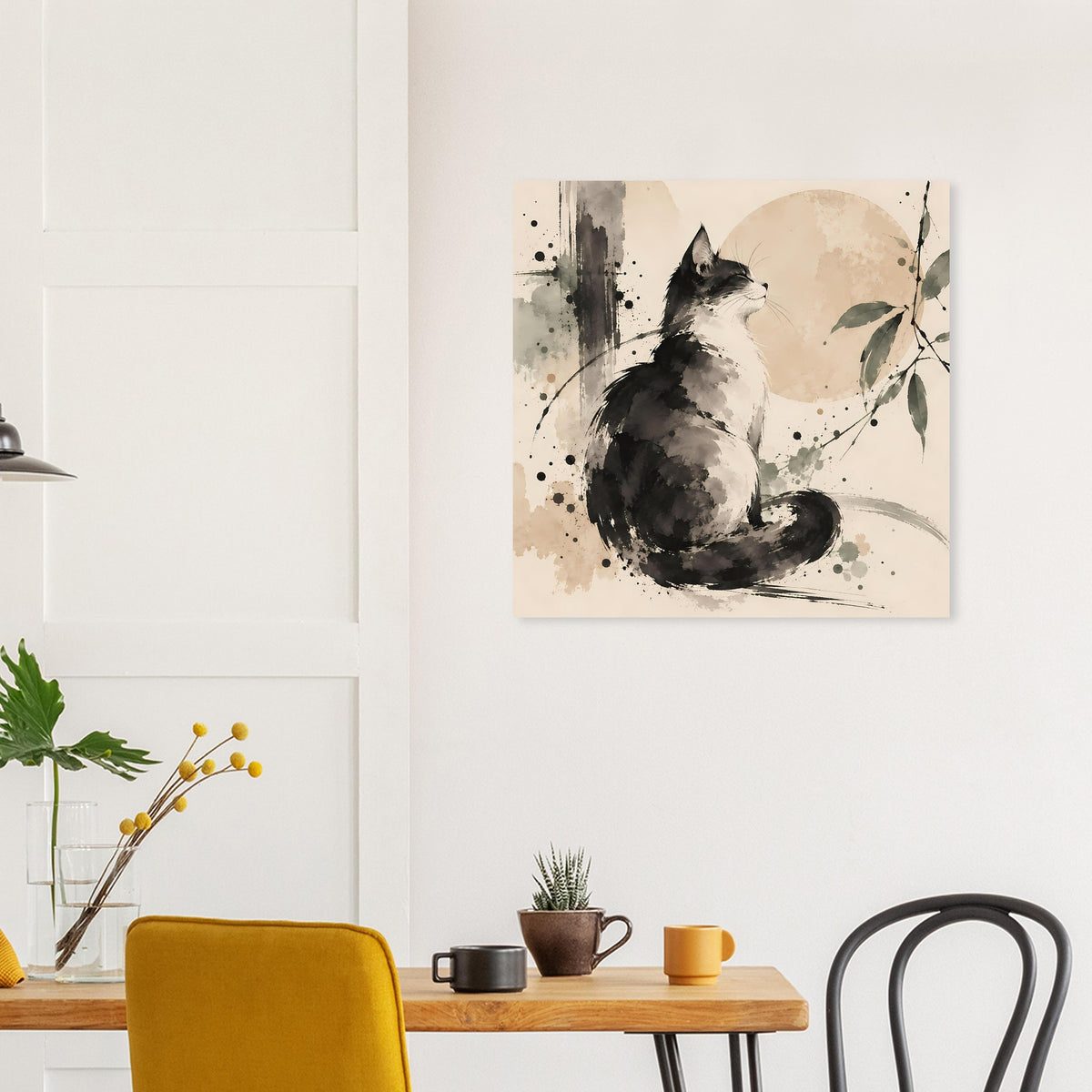 Wandposter mit schwarzer Katze im Aquarell, abstrakte Spritzer, Kreis und Blätter